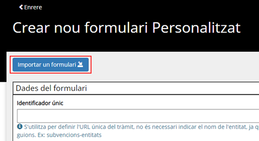 opción de importar el nuevo formulario remarcado