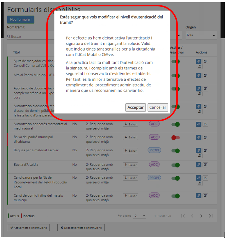 Notice confirming that you want to modify the level