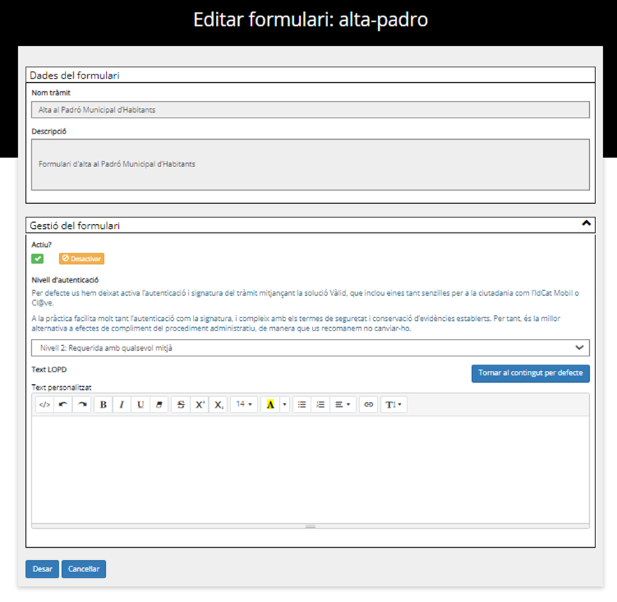 Screen for editing a specific form