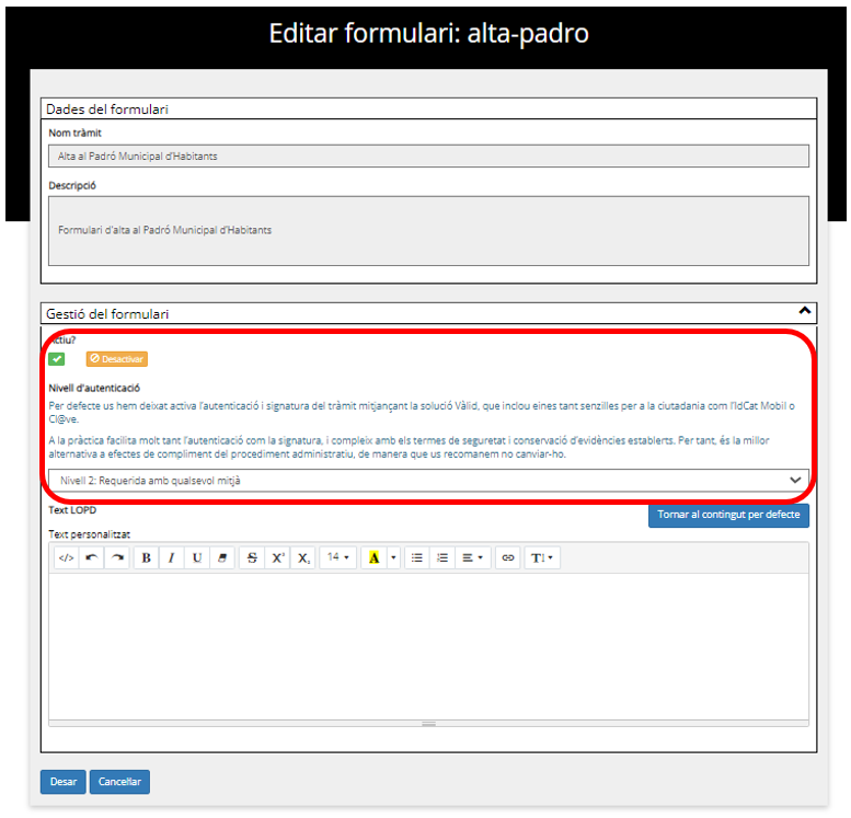Authentication level section highlighted for change
