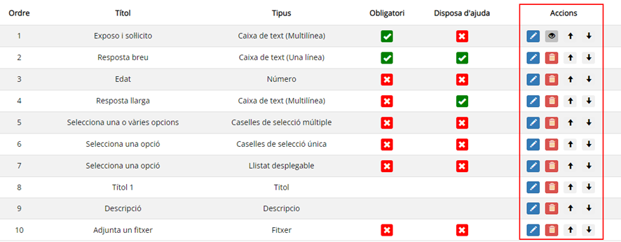 List of actions that can be taken within this section