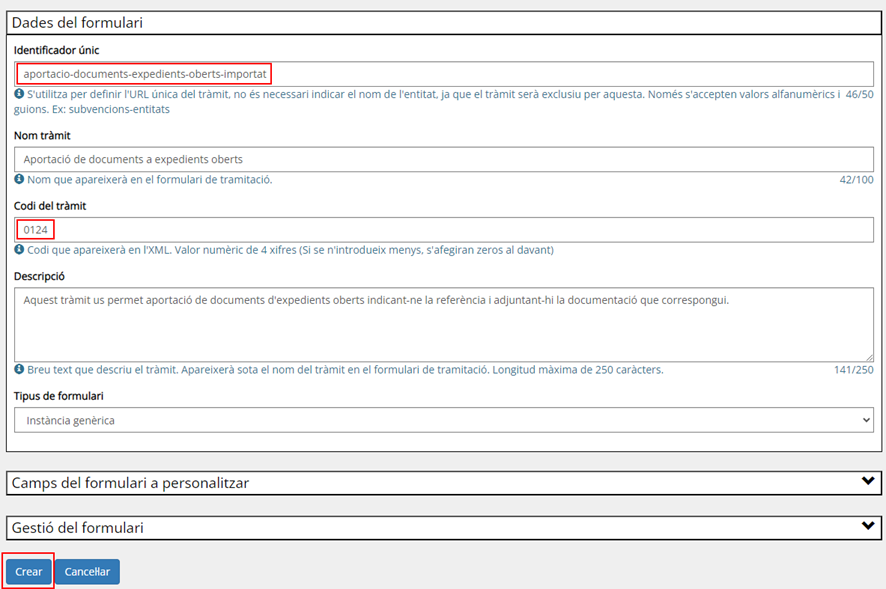 Pantalla final de creación de un nuevo trámite desde una importación