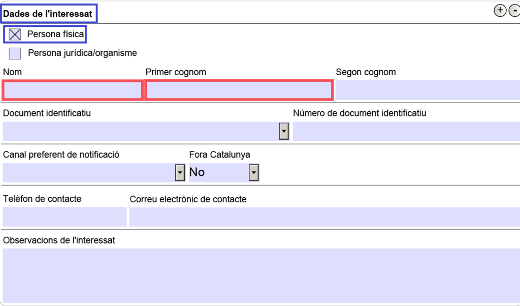 Selecciono Dades de l'Interessat i Persona física