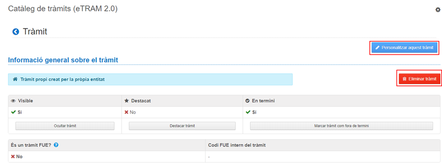 Requadre personalitzar aquest tràmit i eliminar el tràmit remarcat