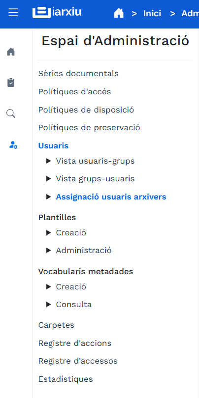 Menú administració arxiver