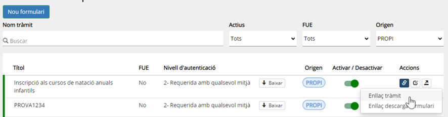 Imatge guiada sobre com obtenir l'enllaç en l'apartat accions