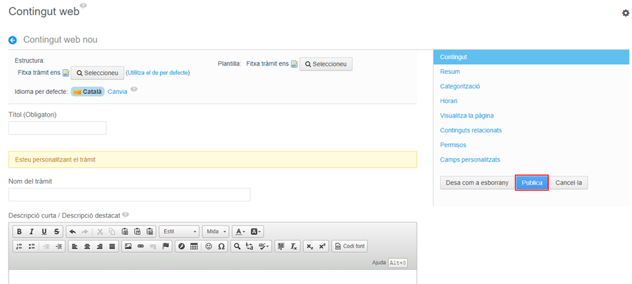 Pantalla per emplenar les dades amb requadre "Publica" remarcat