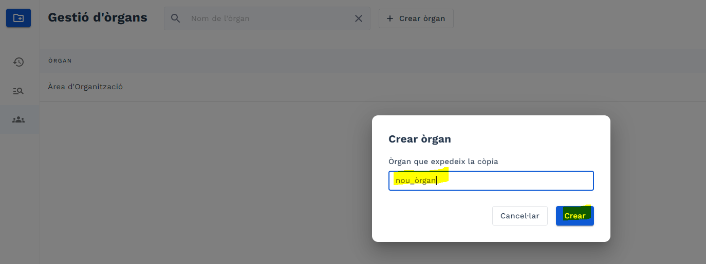Informar de l'òrgan que expedeix la còpia i prémer crear
