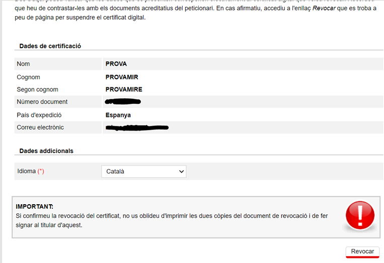 pàgina de revocació del certificat